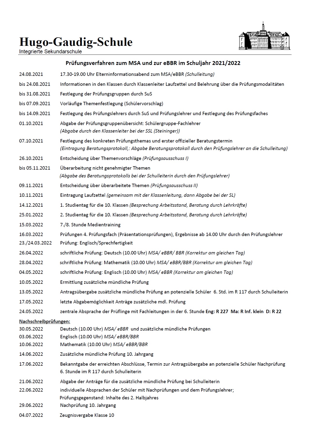 Prüfungstermine 2021/22